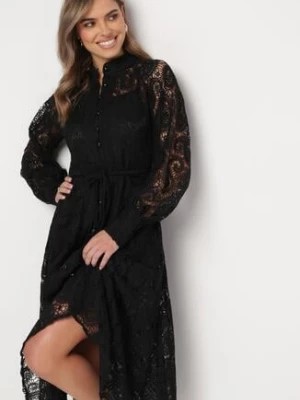 Zdjęcie produktu Czarna Koronkowa Sukienka Midi z Wiązanym Paskiem Azraella