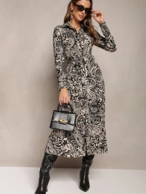 Zdjęcie produktu Czarna Koszulowa Sukienka Midi o Rozkloszowanym Fasonie z Materiałowym Paskiem w Talii Puli