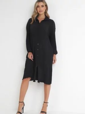 Zdjęcie produktu Czarna Koszulowa Sukienka Midi z Plisowanej Tkaniny z Guzikami Safira