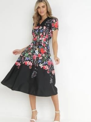 Zdjęcie produktu Czarna Koszulowa Sukienka w Kwiaty z Paskiem Islaine