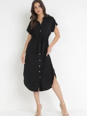 Zdjęcie produktu Czarna Koszulowa Sukienka z Wiązaniem w Pasie Maudelles