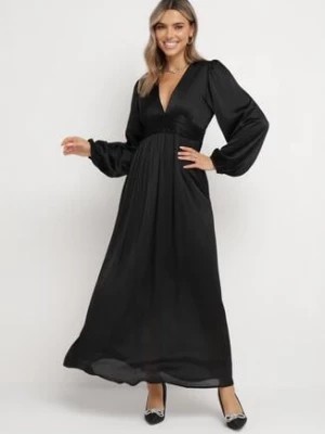 Zdjęcie produktu Czarna Maxi Rozkloszowana Sukienka z Gładkiej Tkaniny z Kopertowym Dekoltem i Luźnymi Rękawami Smruti