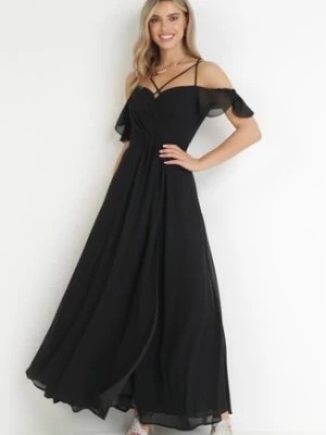 Zdjęcie produktu Czarna Maxi Sukienka o Rozkloszowanym Fasonie na Cienkich Skrzyżowanych Ramiączkach Hendina