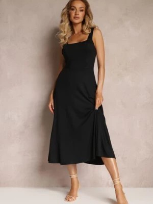 Zdjęcie produktu Czarna Midi Sukienka o Rozkloszowanym Fasonie na Szerokich Ramiączkach z Okrągłym Dekoltem Oversoul
