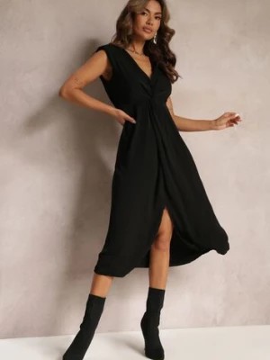 Zdjęcie produktu Czarna Midi Sukienka o Rozkloszowanym Fasonie z Ozdobnym Węzłem i Rozcięciem Zanondia