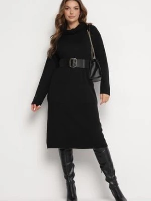 Zdjęcie produktu Czarna Pudełkowa Sukienka Midi z Golfem i Kieszeniami Bikara