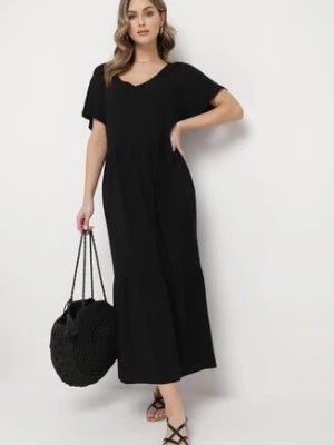 Zdjęcie produktu Czarna Rozkloszowana Sukienka Maxi Bawełniana z Krótkim Rękawem i Trójkątnym Dekoltem Alirtha