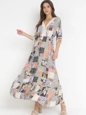 Zdjęcie produktu Szaro-Czarna Rozkloszowana Sukienka Maxi w Patchworkowy Wzór Daliah