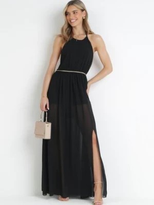 Zdjęcie produktu Czarna Rozkloszowana Sukienka Maxi z Wiązaniem na Szyi i Gumką w Pasie Mackenta