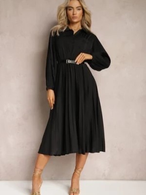 Zdjęcie produktu Czarna Rozkloszowana Sukienka Midi z Guzikami i Paskiem Ozdobiona Plisowaniem Lathori