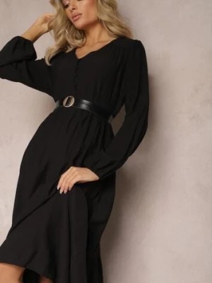 Zdjęcie produktu Czarna Rozkloszowana Sukienka Pudełkowa Maxi z Ozdobnymi Guzikami Nervatti
