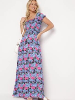 Zdjęcie produktu Fioletowo-Niebieska Rozkloszowana Sukienka Typu Hiszpanka z Marszczoną Górą Jesteria
