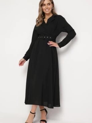 Zdjęcie produktu Czarna Rozkloszowana Sukienka z Kopertowym Dekoltem i Paskiem w Talii Askadi