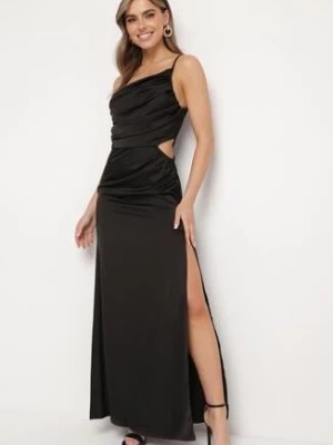 Zdjęcie produktu Czarna Satynowa Sukienka Asymetryczna Koktajlowa z Wycięciami w Talii i Drapowaniem Ciafisa