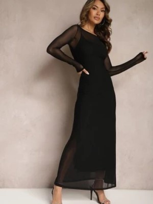 Zdjęcie produktu Czarna Siateczkowa Sukienka o Taliowanym Kroju z Halką Manemoma
