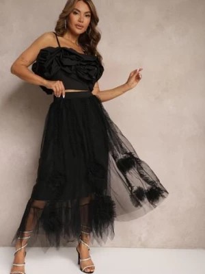 Zdjęcie produktu Czarna Spódnica High Waist z Gumką w Talii o Siateczkowym Wykończeniu Vikkissa