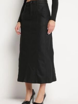 Zdjęcie produktu Czarna Spódnica Maxi z Ekoskóry z Wsuwanymi Kieszeniami Ademaro