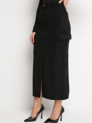 Zdjęcie produktu Czarna Spódnica Maxi z Rozcięciem i Kopertowymi Kieszeniami Anefil