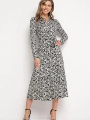 Zdjęcie produktu Czarno-Biała Sukienka Koszulowa Midi z Wiązanym Paskiem i Mozaikowym Wzorem Ralisse