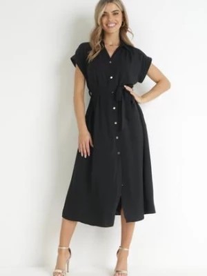 Zdjęcie produktu Czarna Sukienka Koszulowa Wiązana w Pasie z Krótkimi Rękawami Clairana