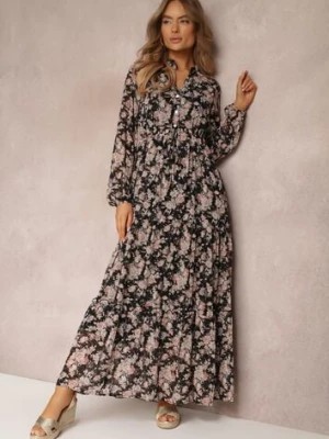 Zdjęcie produktu Czarna Sukienka Maxi w Kwiaty ze Sznurkiem w Pasie Marili