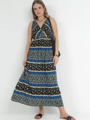 Zdjęcie produktu Czarno-Granatowa Sukienka Maxi z Wiskozy w Fantazyjny Wzór Wellilne