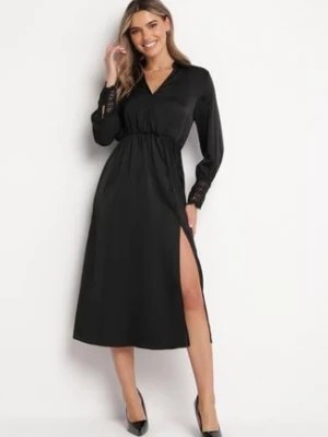 Zdjęcie produktu Czarna Sukienka Midi z Gumką w Talii i Koronkowym Zdobieniem Vionia