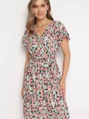Zdjęcie produktu Różowo-Zielona Sukienka Midi z Wiskozowej Tkaniny w Kwiaty Relas