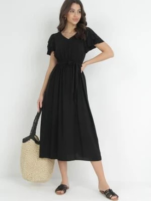 Zdjęcie produktu Czarna Sukienka Midi z Wiskozy z Gumką w Pasie i Materiałowym Paskiem Aricia