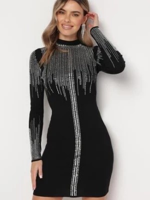 Zdjęcie produktu Czarna Sukienka Mini o Sweterkowym Fasonie Ozdobiona Kryształkami Cyanis