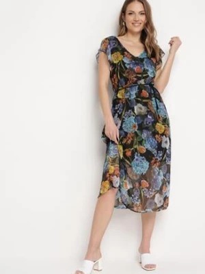 Zdjęcie produktu Czarno-Niebieska Sukienka Rozkloszowana Midi w Kwiatowy Print Nelettia