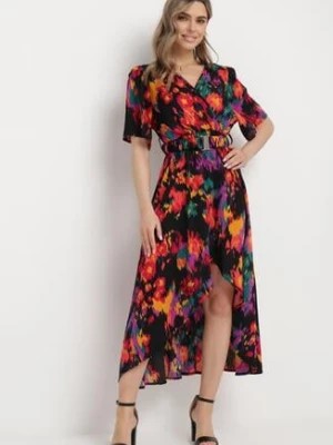 Zdjęcie produktu Czarno-Pomarańczowa Sukienka z Kopertowym Dekoltem i Asymetrycznym Dołem z Gumką w Talii Coralen