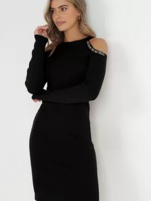Zdjęcie produktu Czarna Sukienka z Prążkowanej Dzianiny z Wycięciami na Ramionach Hesperidis