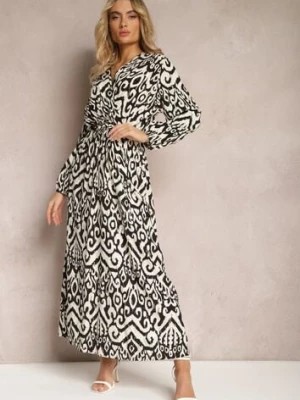 Zdjęcie produktu Biało-Czarna Sukienka z Wiskozy Wiązana w Talii w Ornamentalny Wzór z Metaliczną Nitką Nemka