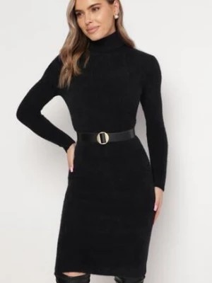 Zdjęcie produktu Czarna Sweterkowa Puchata Sukienka Midi z Wełny z Golfem Sebhat