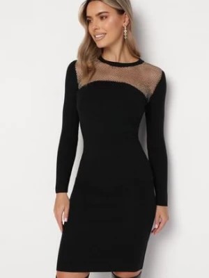 Zdjęcie produktu Czarna Sweterkowa Sukienka Midi z Okrągłym Dekoltem i Ozdobnymi Cyrkoniami Adorne