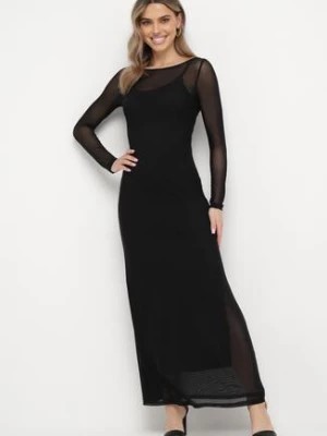 Zdjęcie produktu Czarna Taliowana Sukienka Długa Siateczkowa z Halką Anankella