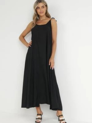 Zdjęcie produktu Czarna Trapezowa Sukienka z Wiązanymi Ramiączkami i Sznurkiem w Talii Feminia