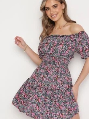 Zdjęcie produktu Czarno-Różowa Wiskozowa Sukienka z Cienkimi Gumkami w Pasie i Falbanką Aanvilea