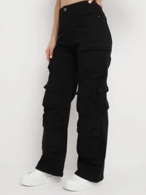 Zdjęcie produktu Czarne Szerokie Jeansy w Stylu Bojówek z Licznymi Kieszeniami Blehia