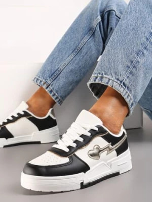 Zdjęcie produktu Czarno-Białe Sznurowane Sneakersy na Grubej Podeszwie z Brokatowym Zdobieniem Anaieli