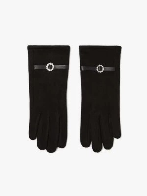 Zdjęcie produktu Czarne zamszowe rękawiczki damskie z ozdobnym paskiem Moodo