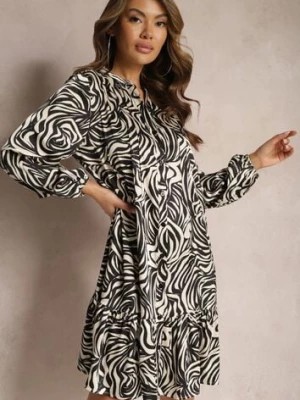 Zdjęcie produktu Czarno-Beżowa Rozkloszowana Sukienka Mini w Koszulowym Stylu z Falbanką i Ozdobnym Wzorem Bevina