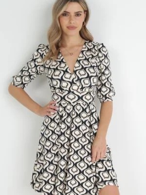 Zdjęcie produktu Czarno-Beżowa Rozkloszowana Sukienka z Bufiastymi Rękawami w Geometryczny Wzór Avory