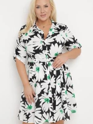 Zdjęcie produktu Czarno-Biała Koszulowa Sukienka w Kwiaty z Wiązanym Paskiem Laritasia