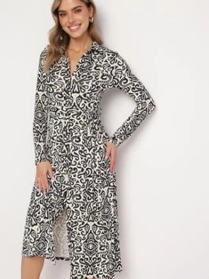 Zdjęcie produktu Czarno-Biała Rozkloszowana Sukienka Midi o Koszulowym Fasonie z Ozdobnym Wzorem Liovia