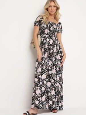 Zdjęcie produktu Czarno-Biała Rozkloszowana Sukienka w Kwiaty z Marszczonym Dekoltem Disteria