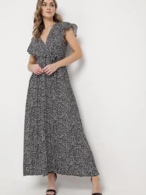Zdjęcie produktu Czarno-Biała Sukienka Maxi z Wiązanym Paskiem i Kopertowym Dekoltem z Gumką w Talii Liorllita