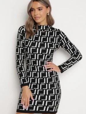 Zdjęcie produktu Czarno-Biała Sukienka Mini ze Sweterkowego Materiału w Geometryczny Wzór Lenikes