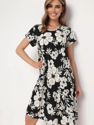 Zdjęcie produktu Czarno-Biała Sukienka w Kwiaty o Luźnym Kroju z Krótkim Rękawem Haldana